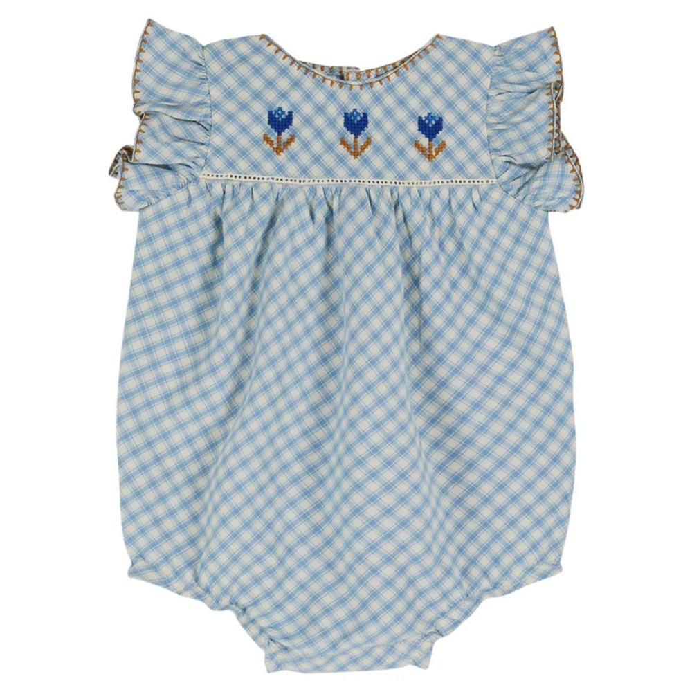 Emile et Ida Blue Gingham Embroidered
Romper (Carreaux Cross Stitch - 12 months)